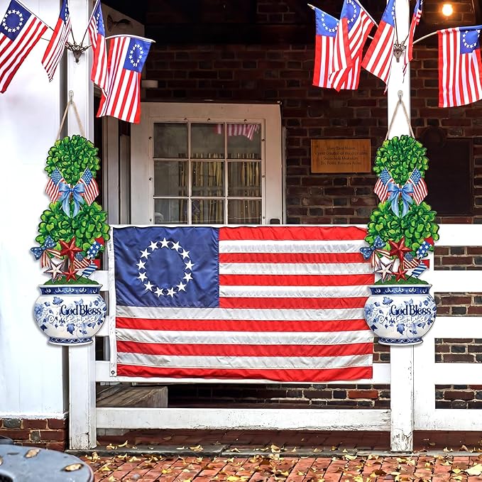 4th of July Large Size Chinoiserie Bonsai Door Hanger Patriotic Topiary Wooden Sign Front Door Home Wreath God Bless America Red White and Blue Ornament for 250 Anniversary Independence Day Yard