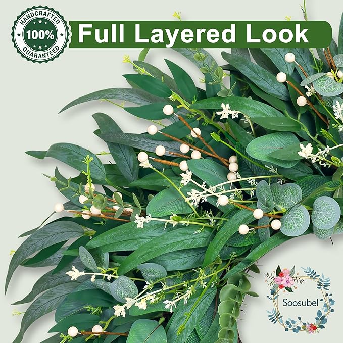 26-Inch Large Farmhouse Wreath for Front Door, All Season Eucalyptus Wreath for Indoor Outdoor Porch Wall Window, Artificial Greenery Everyday Home Decor fro Spring Summer Fall Winter