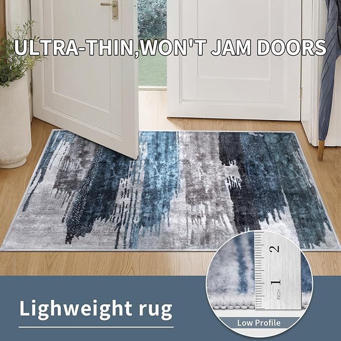 Ciicool Modern Abstract Rug for Living Room, 10'x14' Machine Washable Area Rug Non-Slip Rug, Low-Pile Contemporary Indoor Dining Floor Carpet for Bedroom Office Under Table Home Decor Navy Grey