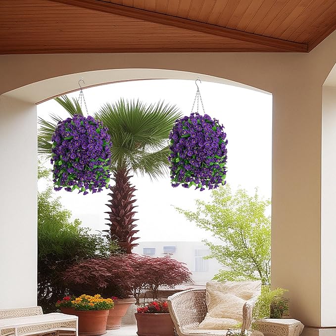 Artificial Faux Hanging Flowers Basket for Spring Summer Outdoor Porch Decor, Fake Silk Colorful Morning Glory Eucalyptus in Planter UV Resistant Look Real for Home Balcony Yard(Dark Purple)
