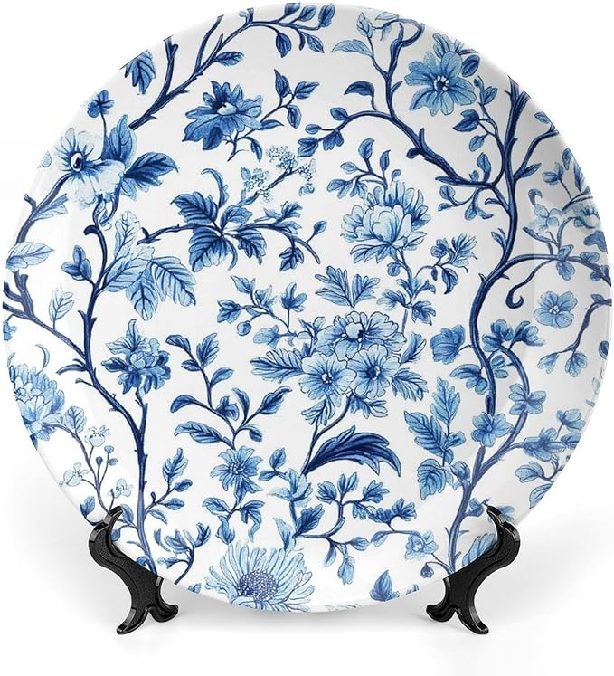 Chinese Style Ceramic Decorative Plate, Chinese Blue And White Porcelain Decorative Dish with Stand, Pattern Bone China Decorative Plates Art Porcelain Plate for Living Room Hallway Table Decor