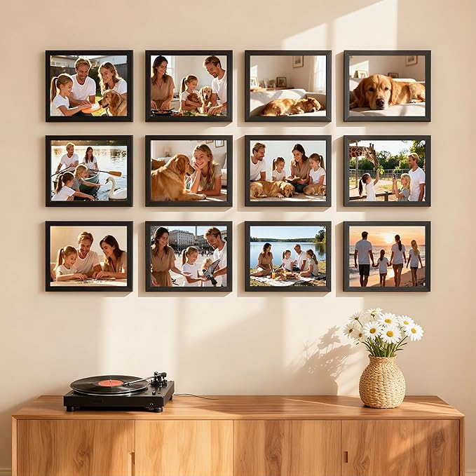 Lyeasw 5x7 Picture Frames Black 12 Pack, Matted Wood Grain Lightweight 5 x 7 Photo Frames for Wall Collage and Desk & Home Decor, with Horizontal or Vertical Placement.