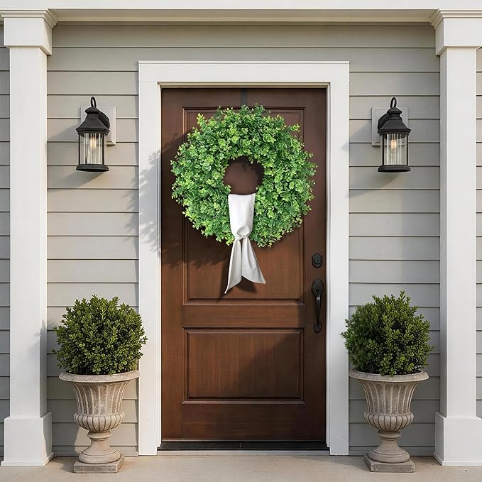 26" Artificial Eucalyptus Wreath with Sash for Front Door, Porch, Window - Large Faux Eucalyptus Leaves Greenery Outdoor Wreath for Home, Farmhouse Decor - Spring, Summer, All Seasons (Green)