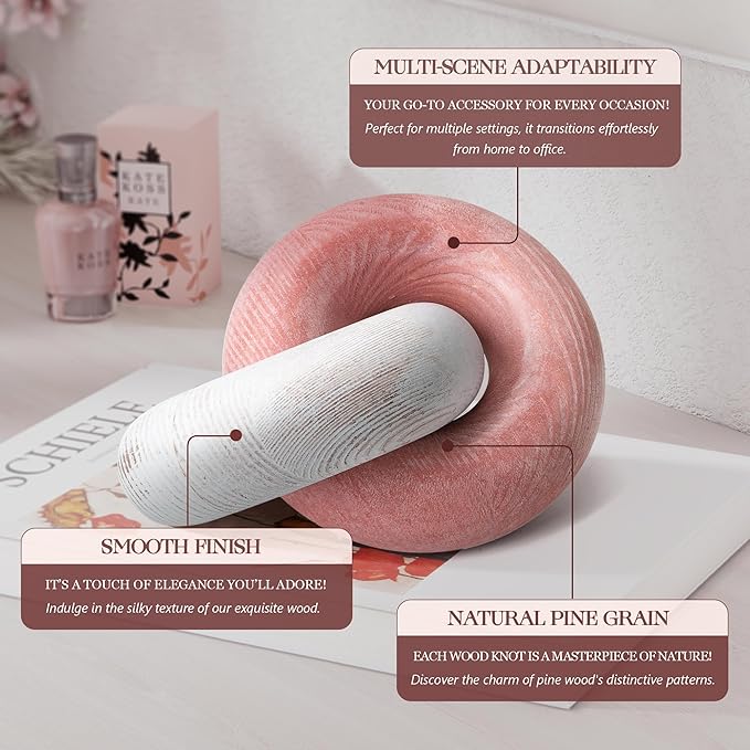 EOSAHR Boho Pine Wood Knot Decor - Wooden Chain Link Decor for Coffee Table, Book Shelf & Side Table - Decorative Knot with Simple Modern for Home Decor Accents (Pink & White)