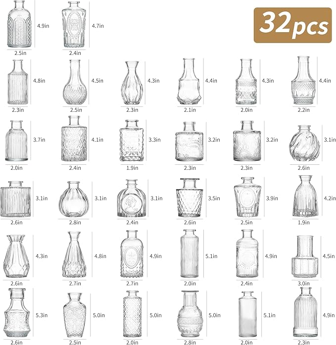 Glass Bud Vase Set of 32 Pcs, Vintage Clear Small Glass Vases for Flowers, Glass Bud Vases in Bulk, Mini Vase for Centerpieces, Wedding, Home Decor and Events
