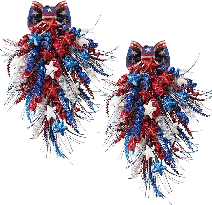 Idyllic 2 Pcs Red White and Blue Glitter Patriotic Swag with Stars & Double Bow | Sparkling 4th of July Memorial Day Front Door Hanging Decor