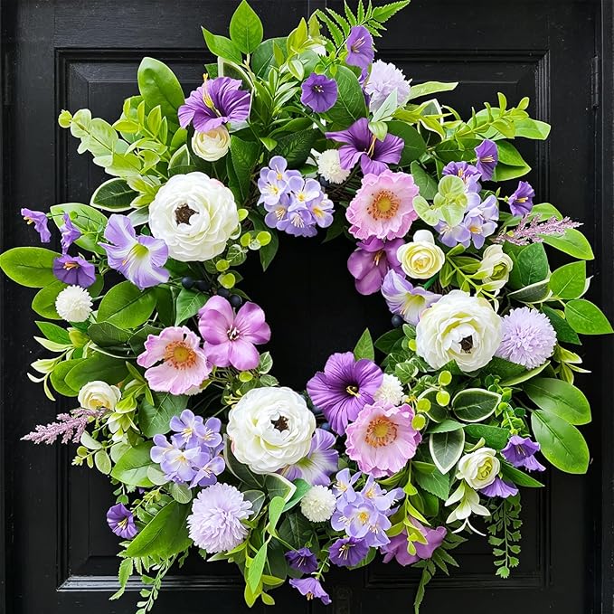 Spring Wreaths for Front Door Outside 24 Inch,Summer Wreath with Purple Morning Glory,Peony and Hydrangea,Spring Door Wreath for Indoor Outdoor Farmhouse Wall Proch Home Decor