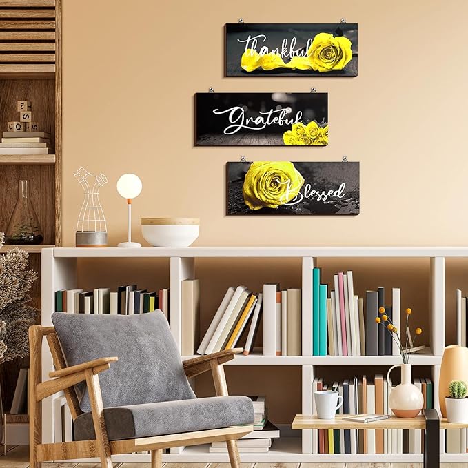 Hillban 3 Pieces Rose Wooden Wall Decor Rose Bathroom Decor Thankful Grateful Blessed Accessories Inspirational Wall Art Signs for Living Room Kitchen Wedding(10 x 4 Inch,Yellow)