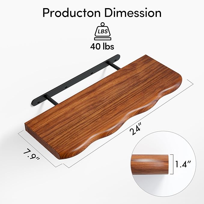 YUFLINX 24inch Walnut Finished Floating Shelves for Wall,Luxury Rustic Solid Pine Wood Shelf Bracket for Room Decor,Wall Mounted Hanging Shelves for Bedroom,Living Room, Set of 2