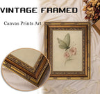 Vintage Gold Framed Wall Art, Retro Butterfly and Pink Flower Oil Painting Canvas Prints, Beige Insect Picture, Rustic Farmhouse Moth Cottagecore Poster Artwork for Living Room Bedroom Bathroom