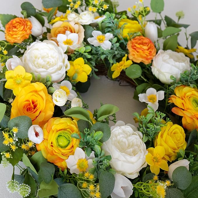 Spring Wreaths for Front Door Outside 24 Inch Yellow & White Spring Summer Wreath with Peony Rose Ranunculus Daffodil & Greenery, Indoor Outdoor Vibrant Hanging Season Decor for Wall Porch