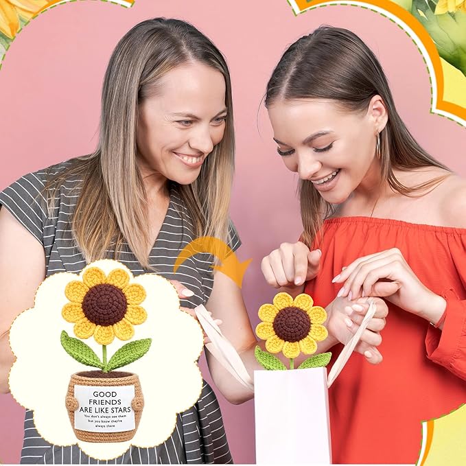 Wavwavw 1 Pcs Friends Gifts for Women, Galentines Graduation Handmade Sunflower Crochet Doll with Positive Card for Female Birthday BFF Bestie Gifts (Like Stars)