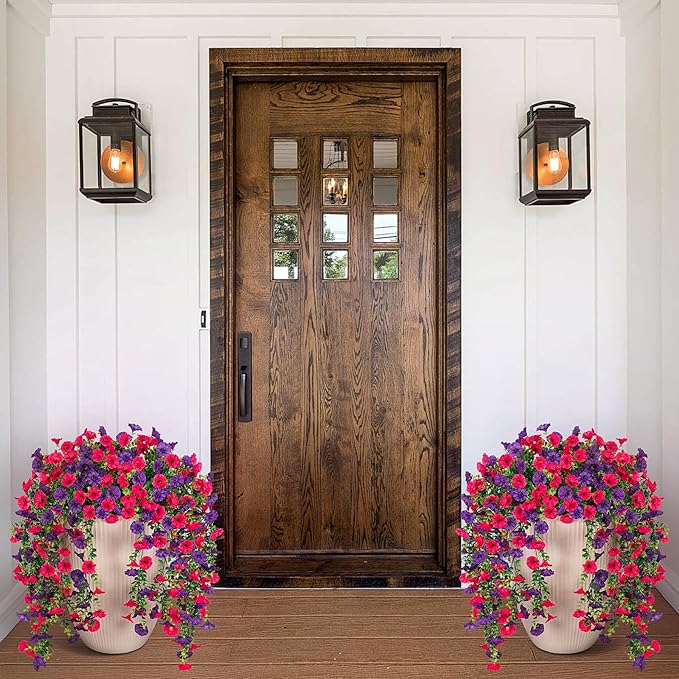 Artificial Hanging Flowers for Outdoor, 2pcs Fake Plants Long Vine Morning Glory Eucalyptus, Spring Summer UV Resistant Realistic Faux Greenery Indoor Outside Patio Porch Garden Decor, Hot Pink Purple