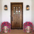 Artificial Hanging Flowers for Outdoor, 2pcs Fake Plants Long Vine Morning Glory Eucalyptus, Spring Summer UV Resistant Realistic Faux Greenery Indoor Outside Patio Porch Garden Decor, Hot Pink Purple