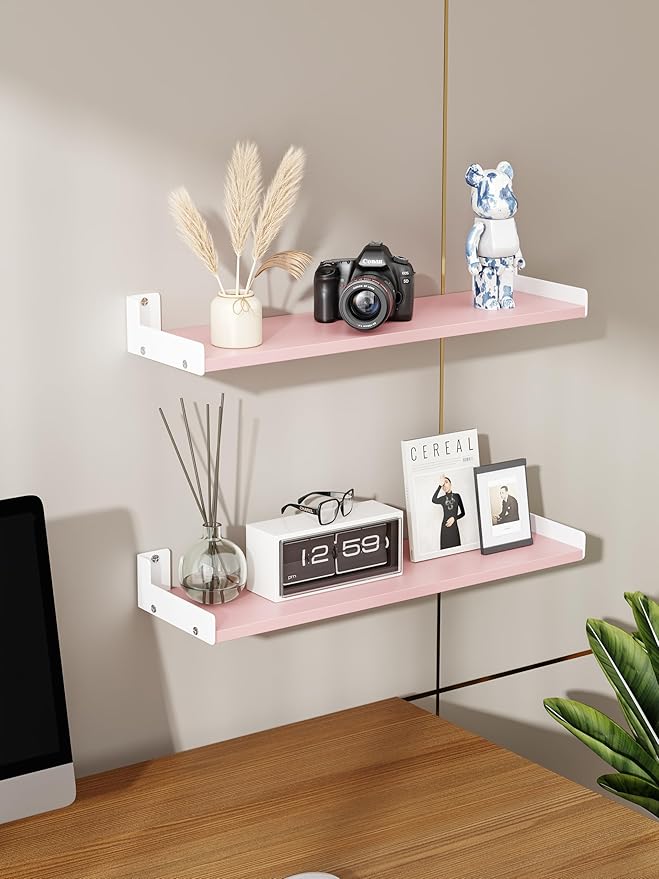 Floating Shelves for Wall, Shelves for Decor Storage Set of 6, Wall Mounted Wood Shelf for Bedroom, Living Room, Bathroom, Kitchen,Long Picture Ledge Shelves. (Pink)