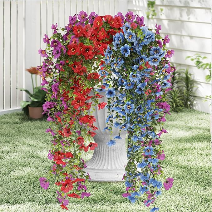 Artificial Hanging Flowers for Outdoors, 6 Pcs Fake Plant for Spring Summer Decoration, UV Resistant Realistic Silk Faux Flowers Outside Indoor Planter Porch Patio Balcony Yard Decor