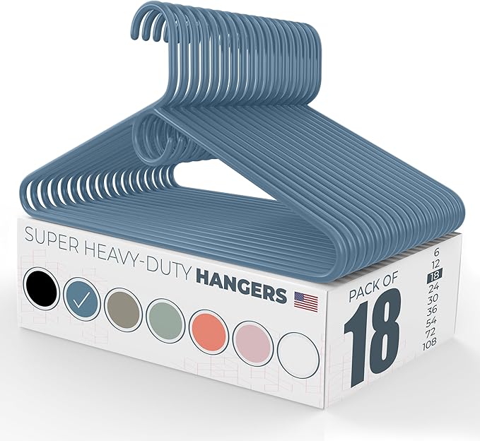 Neaties Super Heavy Duty Clothes Hangers 18 Pack – Made in the USA - 10lb Capacity, Thick Plastic Hangers for Pants, Coats, Jackets, Jeans and Adult Clothing – Blue