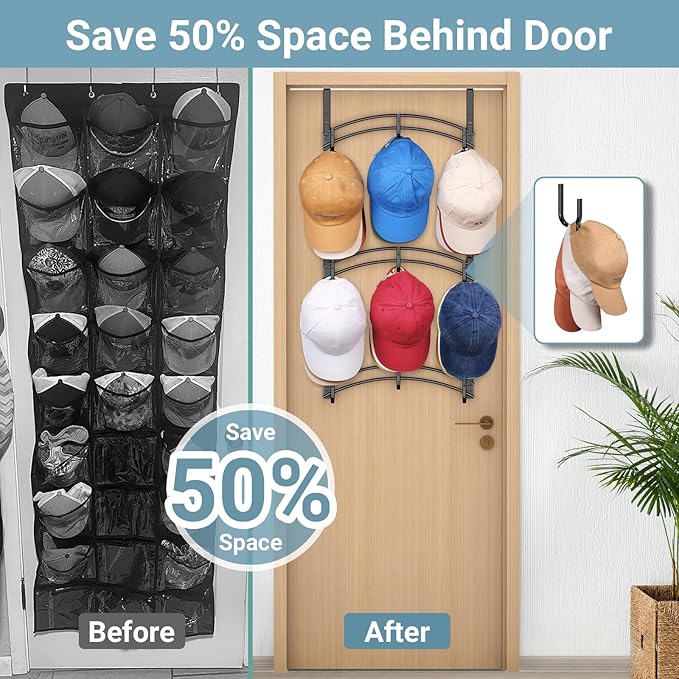 AOODA Space Saving Over the Door Hat Rack for Baseball Caps, Holds up to 27 Caps Metal Hat Organizer with 9 Hooks, Hanging Hat Holder Hanger for Closet, Bedroom (Black)