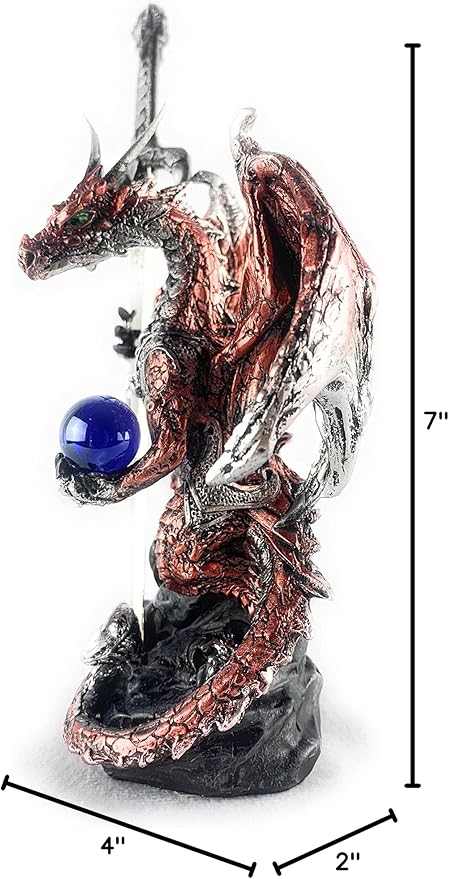 Ain't it Nice Dragon Statue with Medieval Dragon Sword and Crystal Ball Collectible Dragon Figurine Fantasy Medieval Dragon Décor, Red 4(L) 2(W) 7(H) inches
