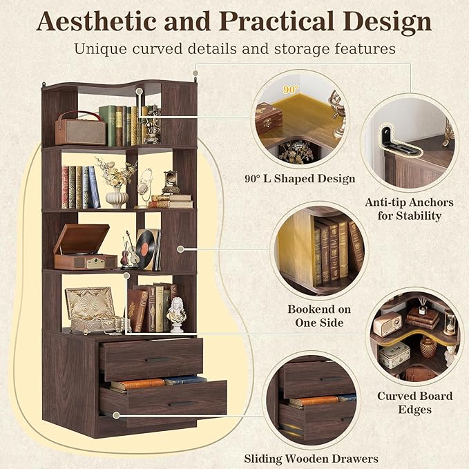 Armocity Corner Bookshelf with Drawers, 7 Tier Corner Book Shelf Display Bookcase, Freestanding L Shaped Bookshelf for Bedroom, Living Room, Home Office, Black Walnut
