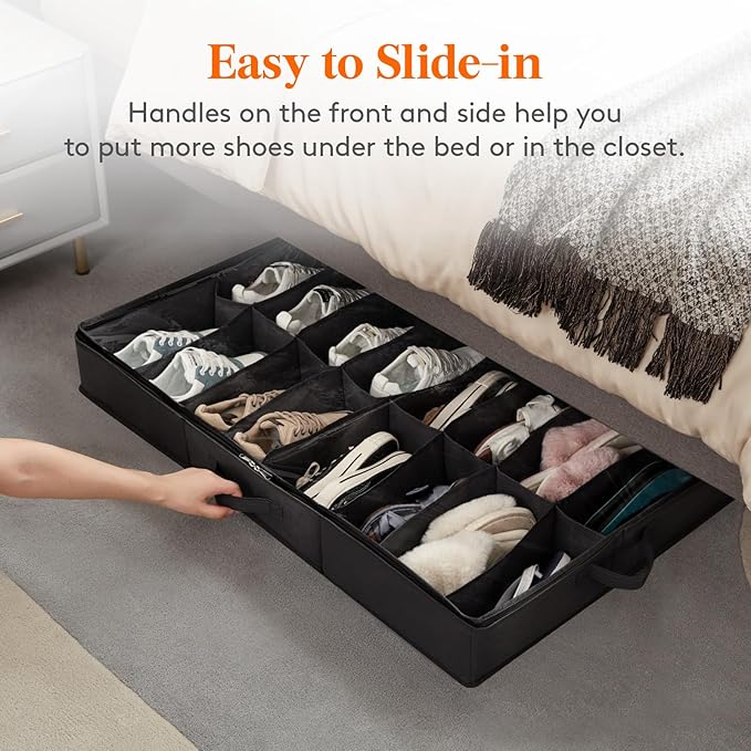 Lifewit Under Bed Shoe Storage Organizer 1 Pack(16 Pairs), 4.3" Tall Fabric Shoes Container Box, Foldable Closet Shoe Bag with 2 Reinforced Handles and Clear Cover, Black