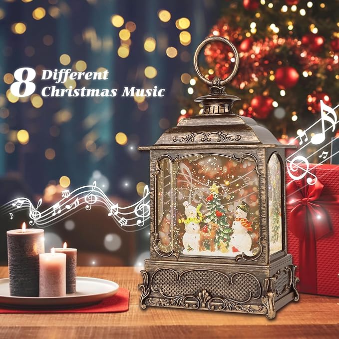 Christmas Snow Globe Lantern,Christmas Decorations Indoor for Home,with 6 Hour Timer Musical Snow Globes,Battery Or USB Powered Swirling Glitter Lantern Christmas Decor Gifts,Snowman Child