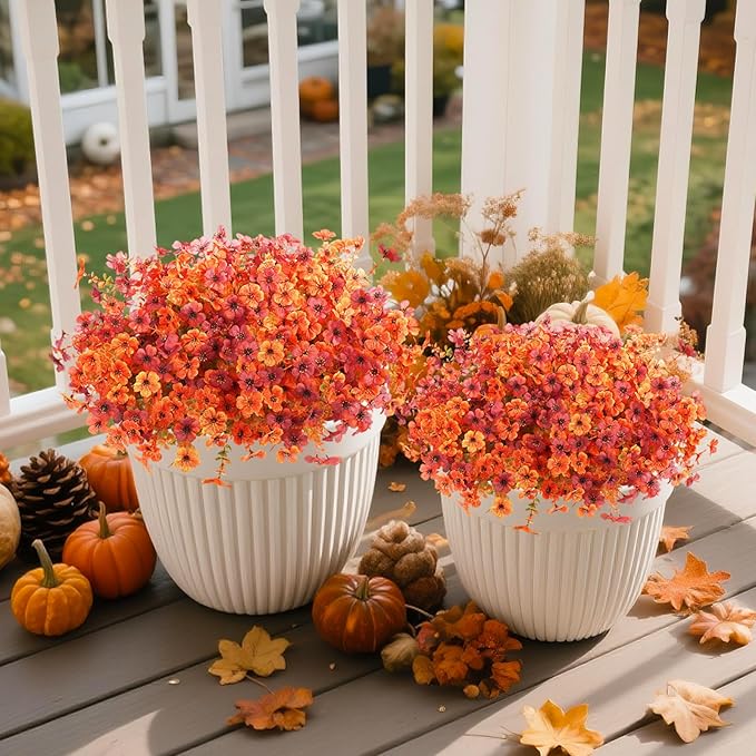 Artificial Fall Flowers for Outdoor, 12 Bundles 4 Colors Faux Mums Fake Fall Plants for Decoration, UV Resistant No Fade Silk Plastic Flower for Autumn Porch Patio Planters Windowbox Yard Garden