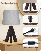 Tripod Table Lamp, 14.6" Small Bedside Lamp, Modern Nightstand Lamp with Gray Shade & Dark Walnut Base, Boho Desk Lamp for Bedroom, Kids Room, Living Room, Study, E26 Socket, VH51TL05