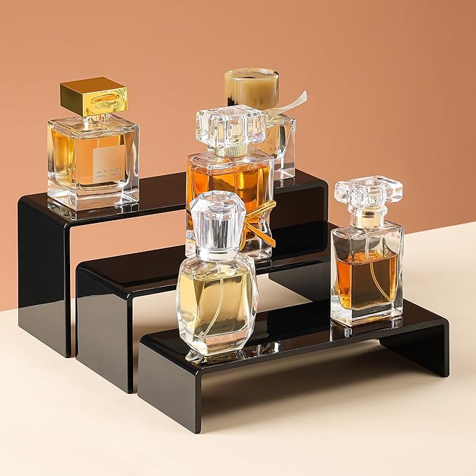 ANDGOO 6 Pcs Acrylic Display Risers, 2 Set(7.9”L, 8.3”L, 8.7”L) Rectangular Display Stands, Acrylic Display Shelves for Figures, Perfume Organizer, Cupcake Dessert Table Display Set, Black