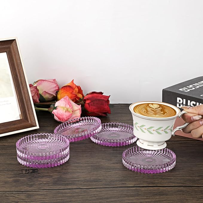 Modern Clear Coaster Set of 5- Glass Coasters for Drinks Crystal Coaster Round Cup Coasters Coffee Table Decor for Office, Kitchen, Bar, Dining Room, Living Room, Patio(Clear Purple)