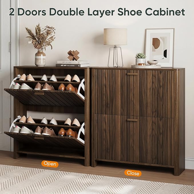 Shoe Cabinet with 2 Flip Drawers, 31.5 Inch Narrow Fluted Shoe Organizer with Gradient Wood Strips Door for Entryway Hallway, Living Room Storage Furniture, Walnut
