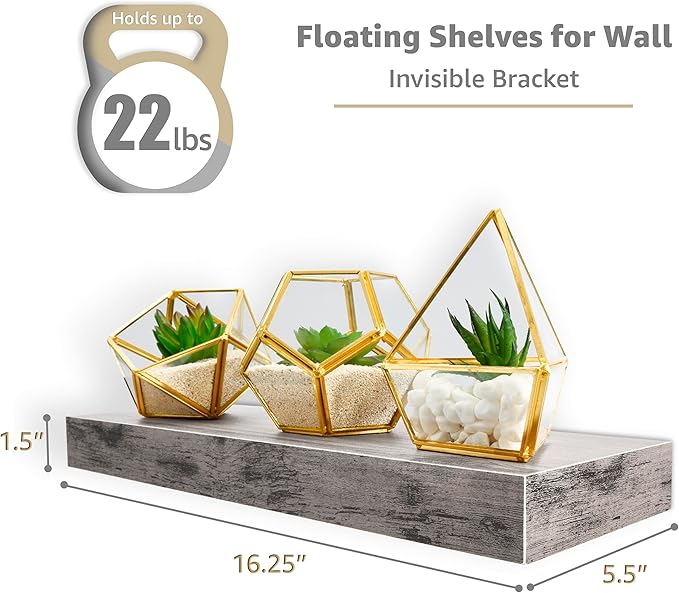 Sorbus Floating Shelves for Wall – 16 Inch Floating Shelf for Kitchen, Bedroom, Living Room, Bathroom, Home & Wall Decor - Mounted Bathroom Shelves with Invisible Brackets (Grey, 3 Pack)