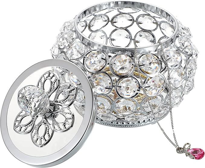 Hipiwe Crystal Jewelry Box with Glass Lid Small Trinket Organizer Mirrored Treasure Box Ring Holder Earrings Necklace Storage Box Keepsake Gift Box for Home Dresser Decor, Silver