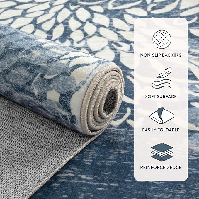 Dahlia 5x7 Blue Floral Rug for Bedroom, Low Pile Soft Washable Area Rugs for Living Room, Boho Non Slip Large Blue Carpet, Stain Resistant Throw Rug for Dining Room Home Office