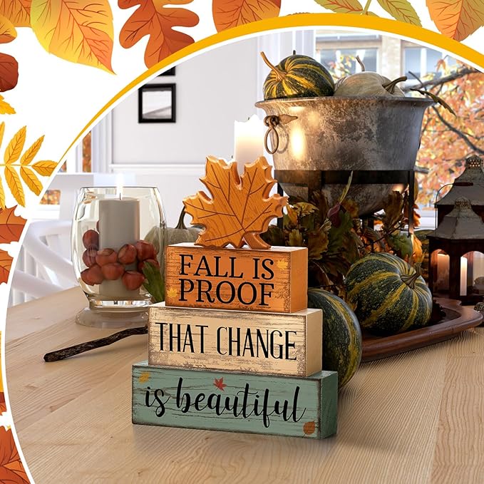 Lineshading 4 Pcs Fall Decoration for Home Wooden Maple Leaf Stacked Decor Thanksgiving Table Centerpiece Fall Tiered Tray Decor Rustic Decorative Maple Leaf Block Signs Autumn Decoration for Kitchen