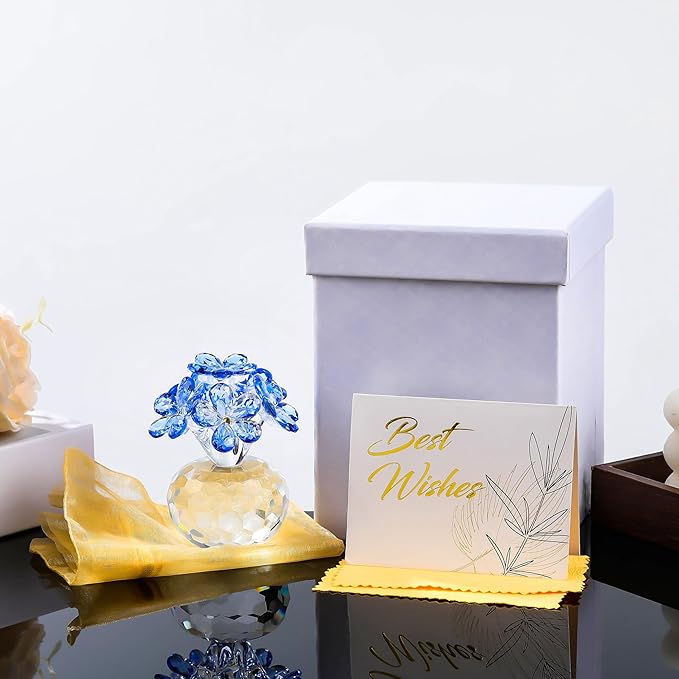 Qianwei Blue Crystal Flowers Figurine - Forget Me Not Gifts Sympathy Glass Flowers Collectible Figurines Decor Paperweight Ornament Home Office Table Desk Decorations