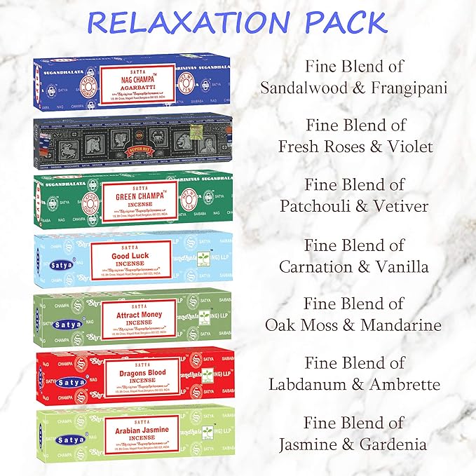 Satya Incense Sticks Gift Set, 7 Scents, Nag Champa, Dragon's Blood, Arabian Jasmine, Super Hit, Green Champa, Goodluck, Attract Money, 15g Each (Relaxation Mix)