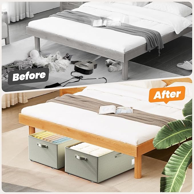 Dayacoco Underbed Storage with Wheels, 2 Pack Under Bed Storage Containers with Clear Lids, No Assembly Required 10.1 inch Rolling Under Bed Storage for Clothes, Beige