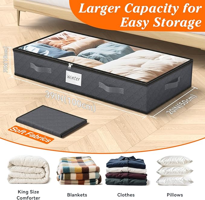 SpaceWhisper 90L Under Bed Storage Containers, 4-Pack Storage Bins with Clear Top, Foldable Closet Organizers and Storage with Label Holder for Clothing, Blankets, Comforter & Pillows (Grey)