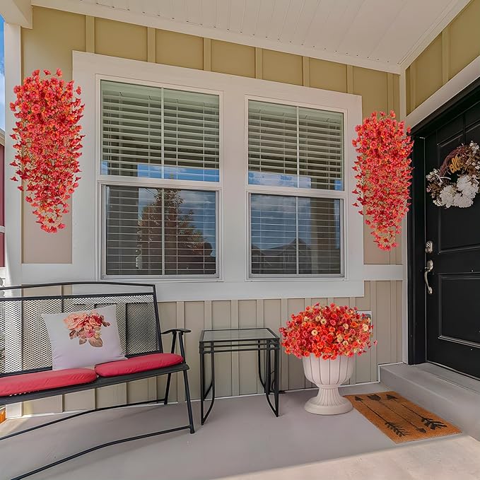Artificial Fall Hanging Flowers for Decoration, 2pcs Long Vine Fake Mums Flowers Plants Morning Glory, Realistic Faux Petunias for Planter Patio Porch Garden Autumn Outdoors Dec, Red