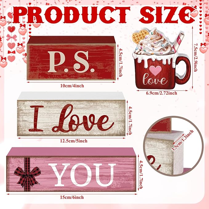 Lineshading 4 Pcs Valentine's Day Table Decoration Wooden Ice Cream Cup Valentine Tiered Tray Decor Valentine Centerpiece Red White and Pink I Love You Valentines Decor for Home Kitchen Coffee Bar