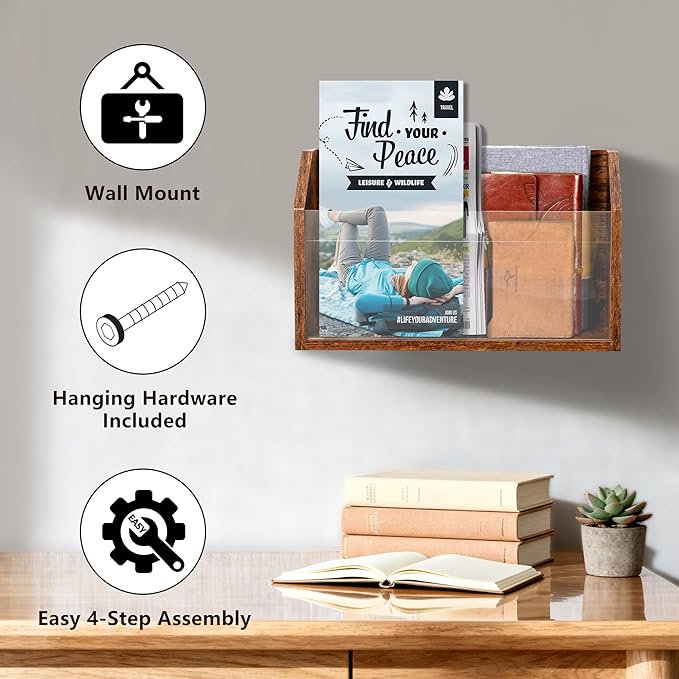 Wall Magazine Holder – Wooden Wall Mounted Magazine Rack, Clear Acrylic Panel – Magazine, Book, Home Office File Organizer – Vinyl Record Holder – Rustic Brown (2 Pack)