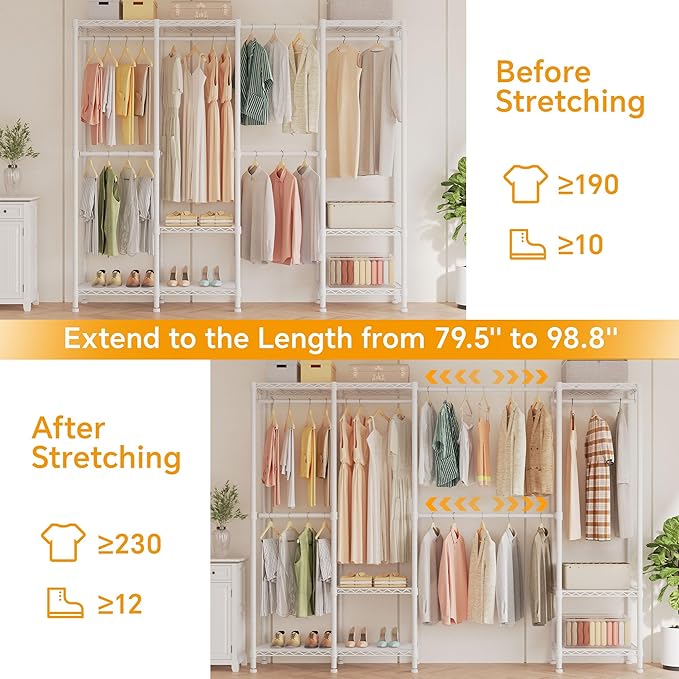 H7 Pro Heavy Duty Clothes Rack Large Garment Rack for Hanging Clothes, Freestanding Wardrobe Closet with Expandable Hanger Rods, Closet Organizer Storage, (79.1"-96.9") Lx15.7 Wx75.4 H, White