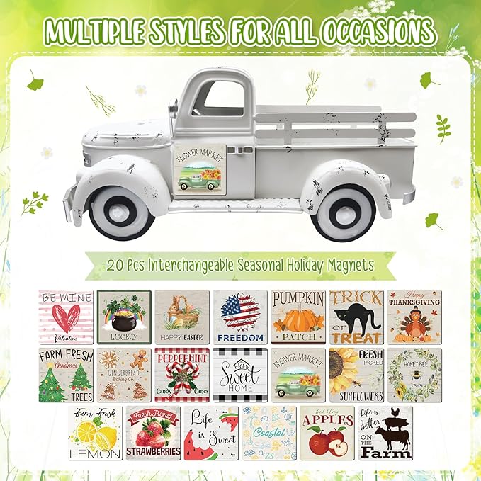 Sunflower Decor 13.4 Inch Vintage White Farmhouse Truck with 20 Magnets Sunflower Decorations for Home Kitchen Shelf Office Metal Pickup Interchangeable Seasonal Decor Garden Truck Planter