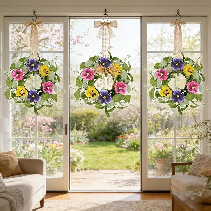 6 PCS Summer Floral Wreaths for Kitchen Cabinet Artificial Pansy Flowers Wreaths with Fern Branches Flocked Lamb Ear Leaves Mini Wreath Spring Floral Small Wreath for Table Centerpiece Farmhouse Decor