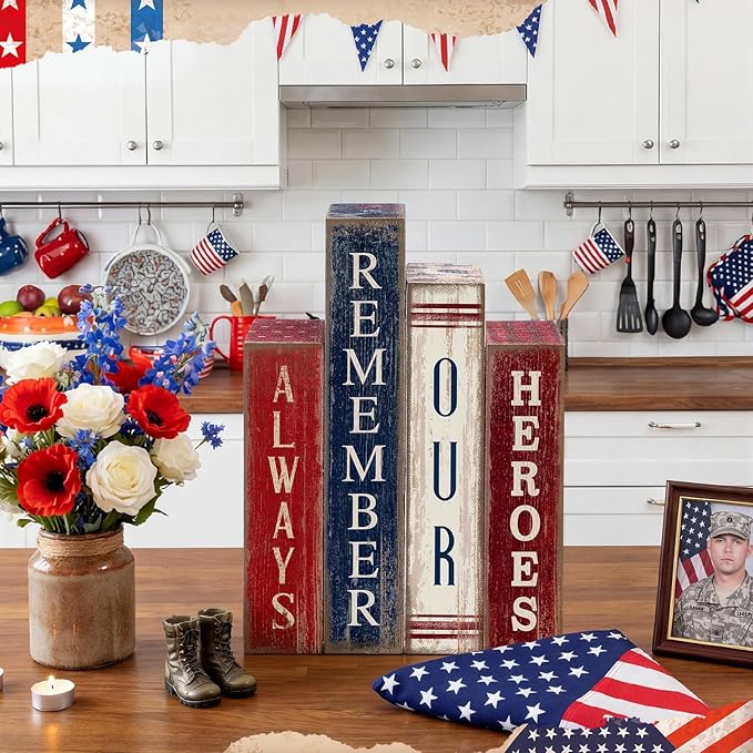 Lineshading 4 Pcs 4th of July Table Decoration Wooden Book Always Remember Our Heroes America Decor Patriotic Tiered Tray Decor Red White Blue Memorial Day Block Signs for 250th Anniversary Home Shelf