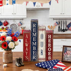 Lineshading 4 Pcs 4th of July Table Decoration Wooden Book Always Remember Our Heroes America Decor Patriotic Tiered Tray Decor Red White Blue Memorial Day Block Signs for 250th Anniversary Home Shelf