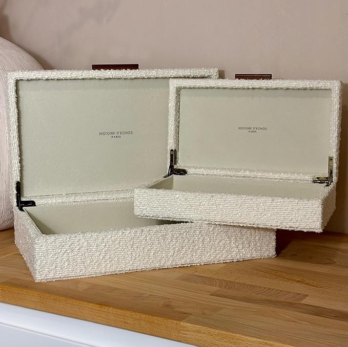 Set of 2 Ivory Bouclé Fabric Decorative Boxes with Wooden Handles, Modern Jewelry Boxes, Storage Boxes, Keepsake Boxes, Photo Memory Organizer, 14.2x8.6x3.5in