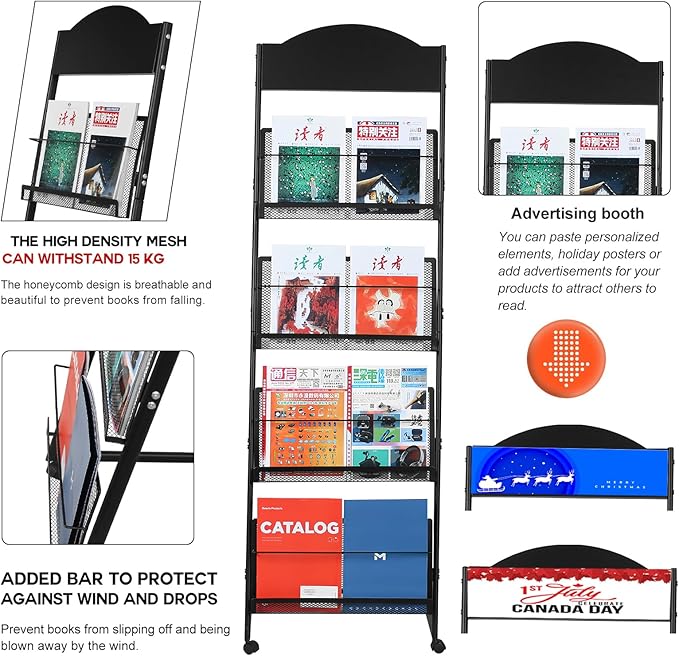 LIWSHWZ Brochure Display Stand,4-Tier Magazine Rack,Floor-Standing Magazine Literature Display Stand with Wheels,High-hardness metal,for Shop Exhibitions Office