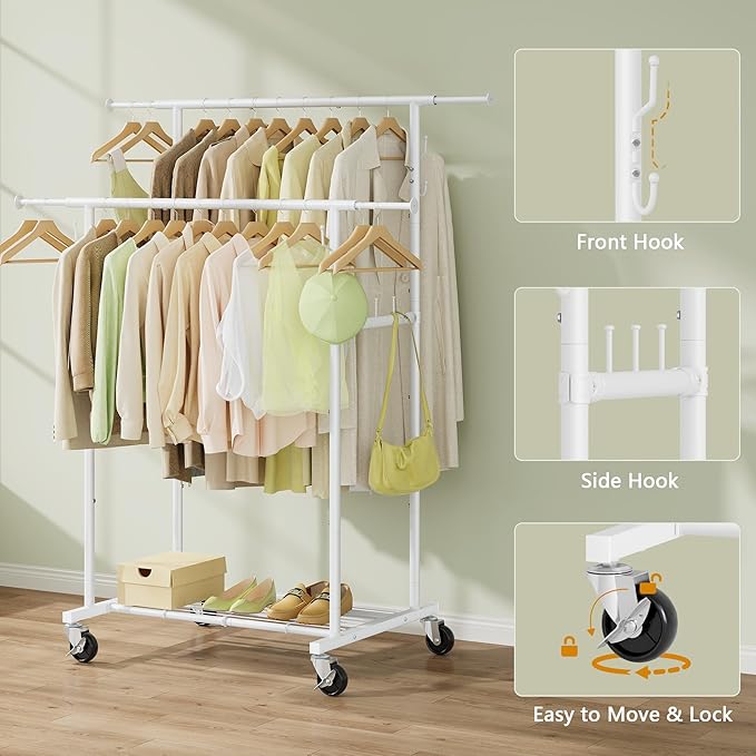 Double Rod Garment Rack, Heavy Duty Rolling Clothes Rack with Wheels For Hanging Clothes, Portable Metal Clothing Rack with Shelves,White, 64.2in Chrome